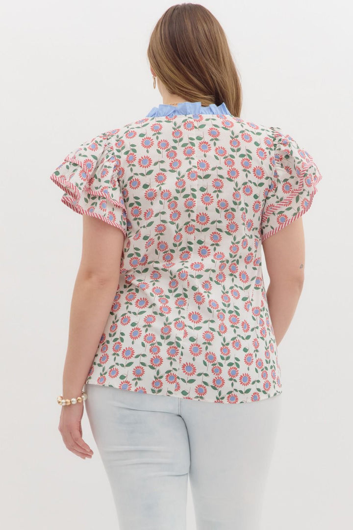 Entro Plus Cream poplin top with red, light blue and green floral print