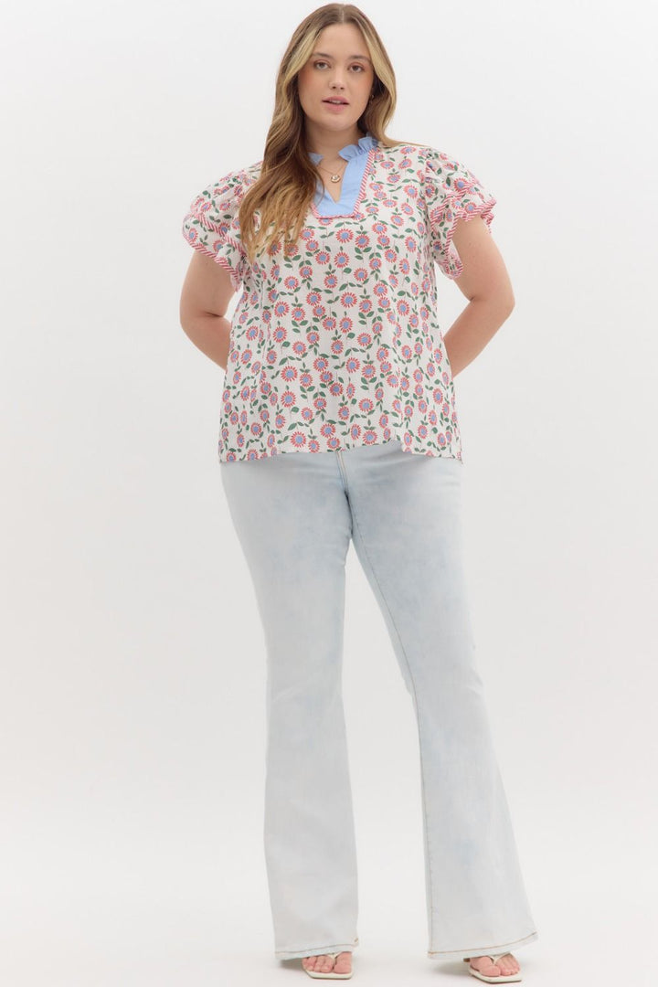 Entro Plus Cream poplin top with red, light blue and green floral print