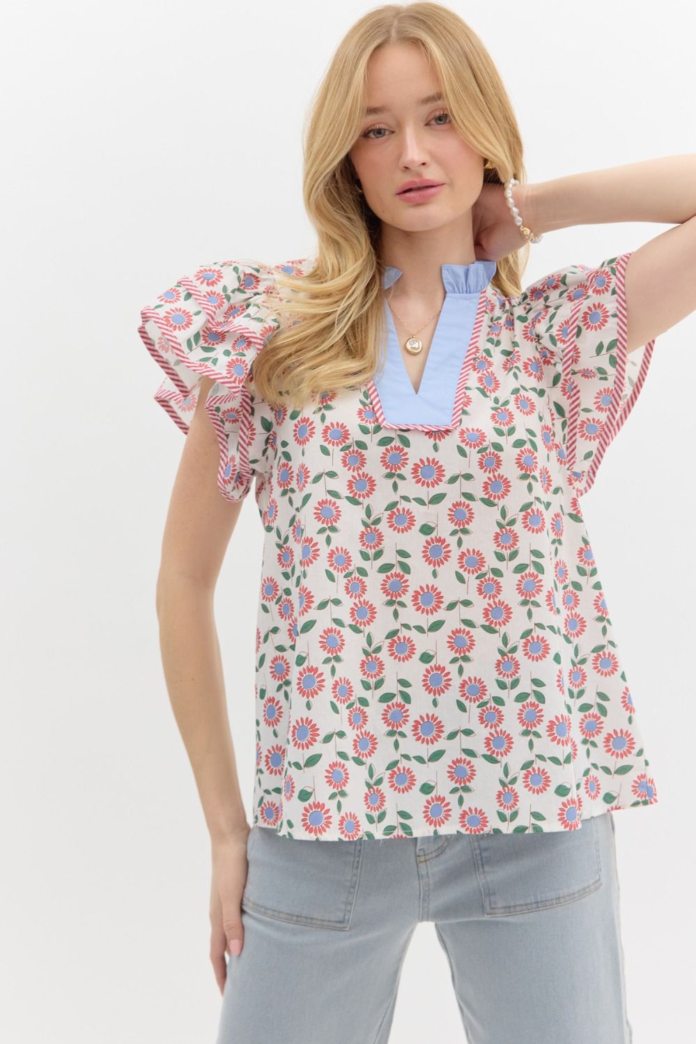 Entro Cream poplin top with red, light blue and green floral print