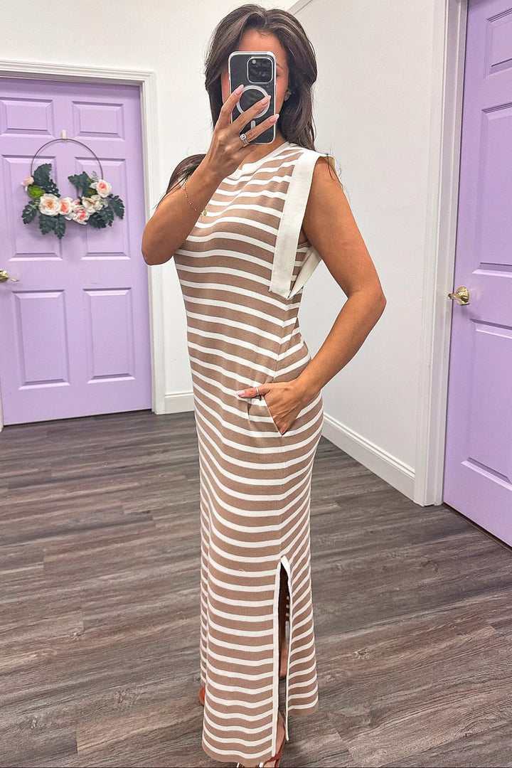 cream and taupe horizontal striped knit maxi dress with side pockets