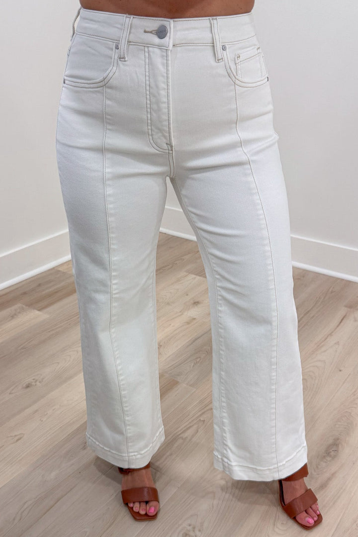 solid cream wide leg ankle cropped button zipper fly tummy control denim jeans
