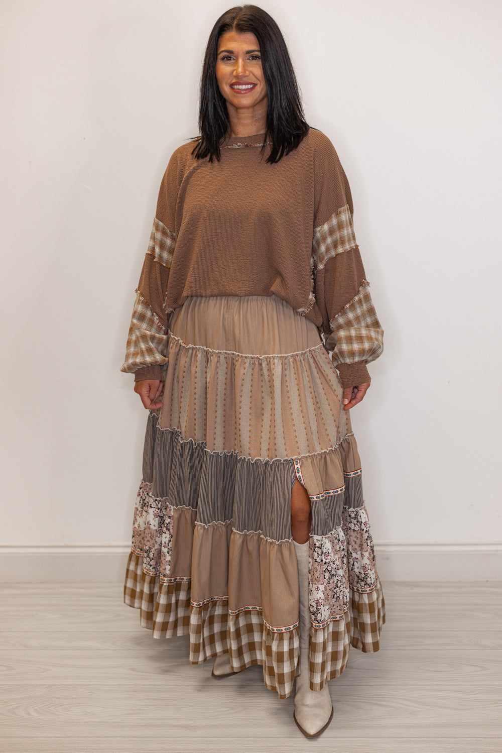 Women's mocha brown knit boho top with plaid detailing with tiered plaid skirt
