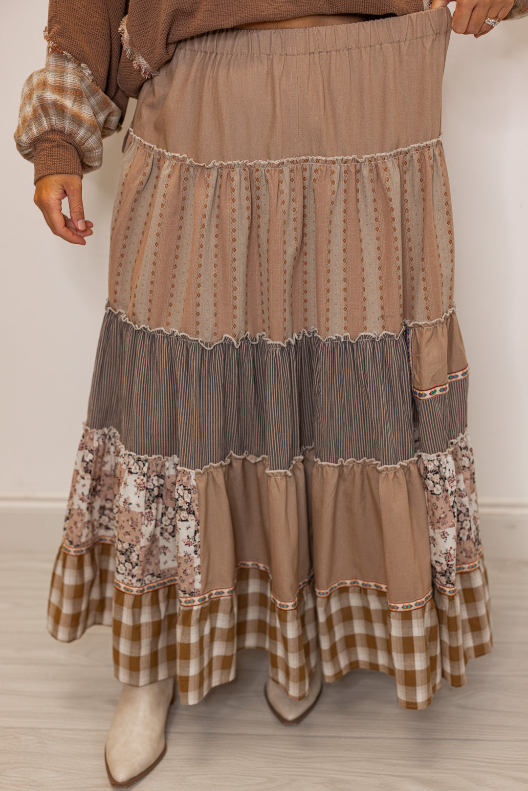 Women's taupe layered patterned boho maxi skirt with elastic waistband