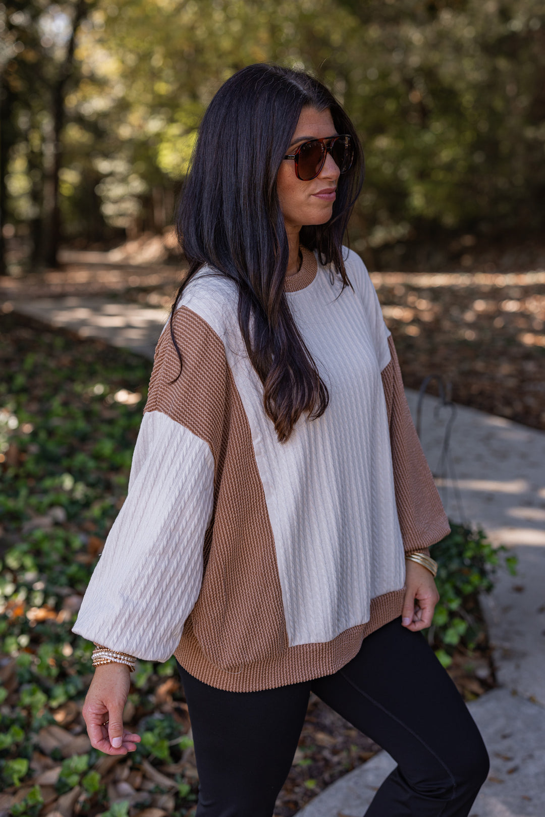 cream mocha knit color block pullover