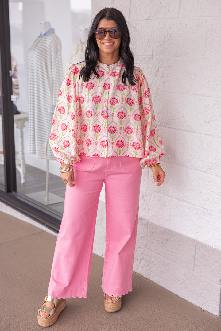 sheer pink green floral printed button up top