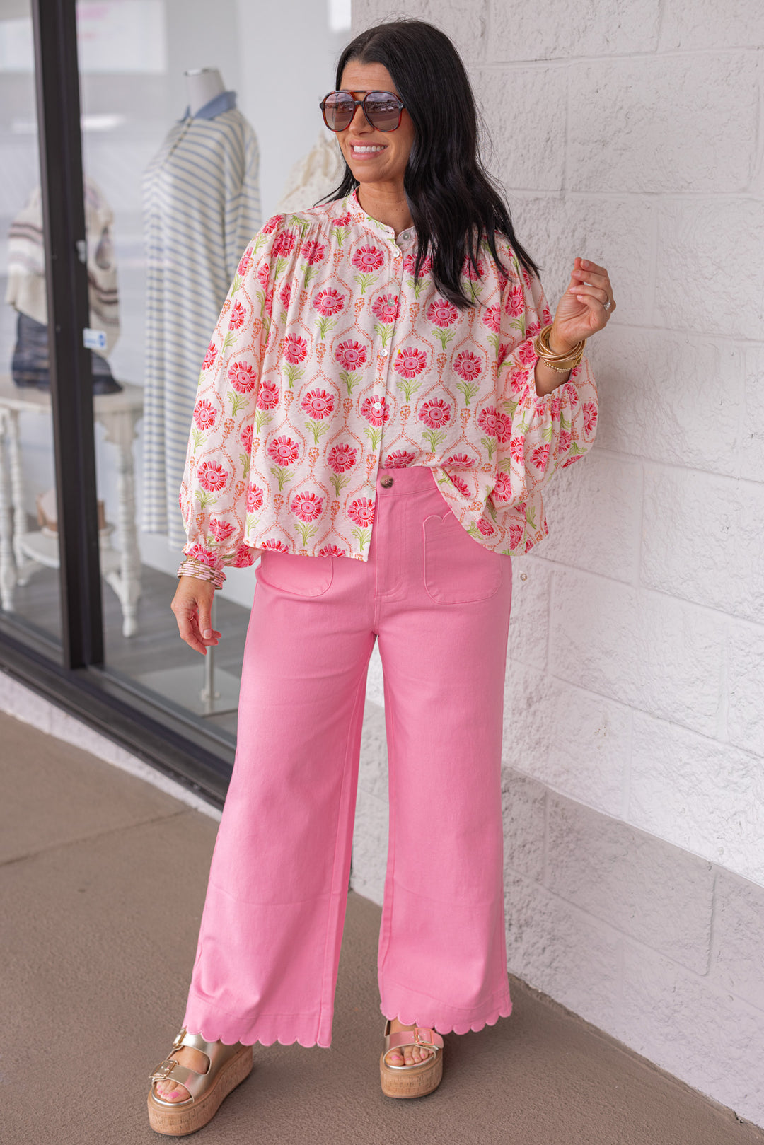 sheer pink green floral printed blouse outfit