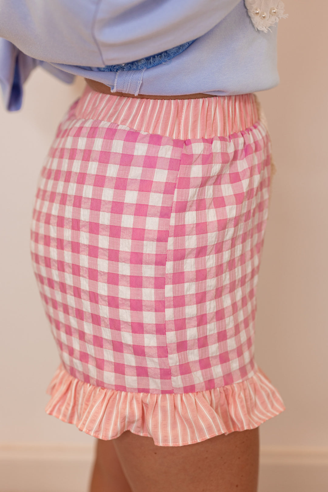 pink white gingham ruffle trim shorts