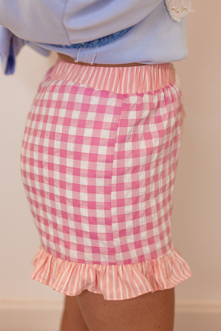 pink white gingham ruffle trim shorts