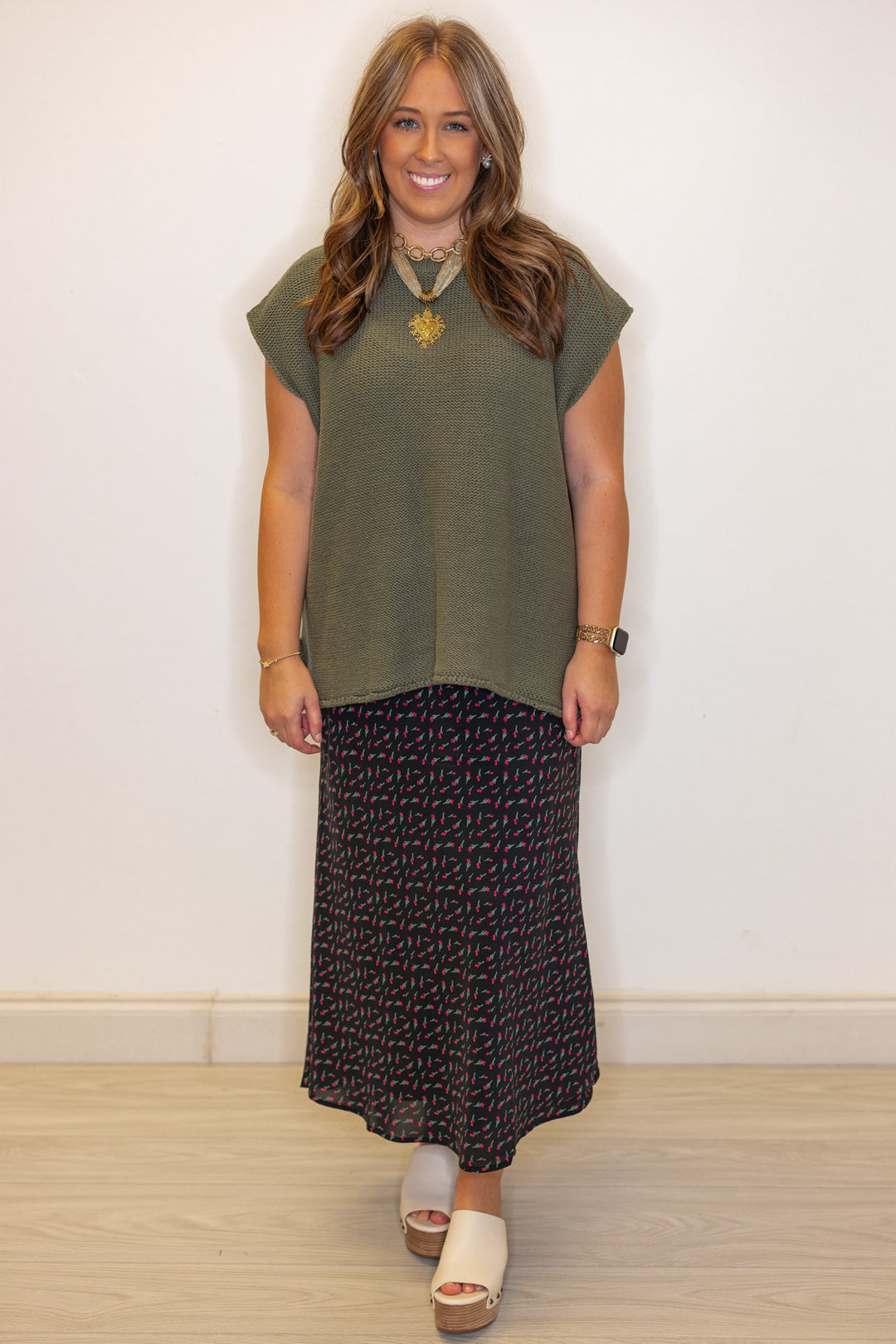 Women's olive green short sleeve sweater knit top by Wishlist showing full front view