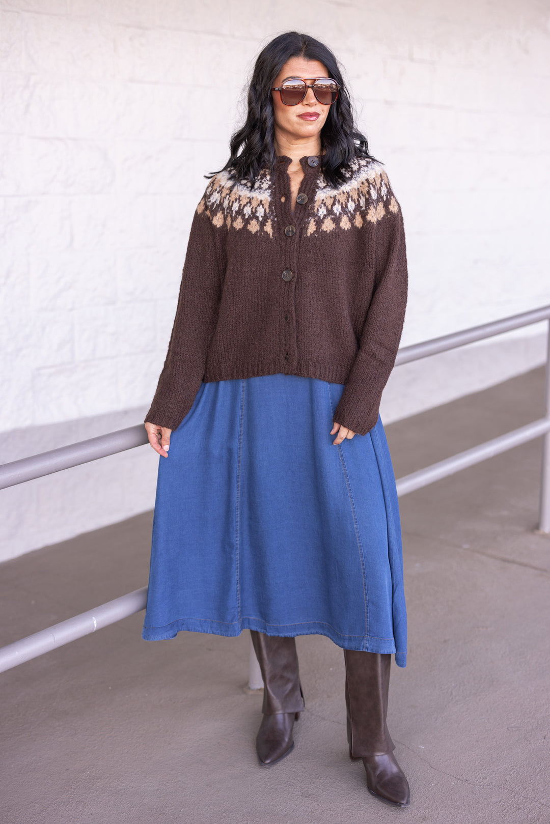 Women's dark blue washed denim chambray midi dress with zip front bodice by Blu Pepper, perfect for family pictures