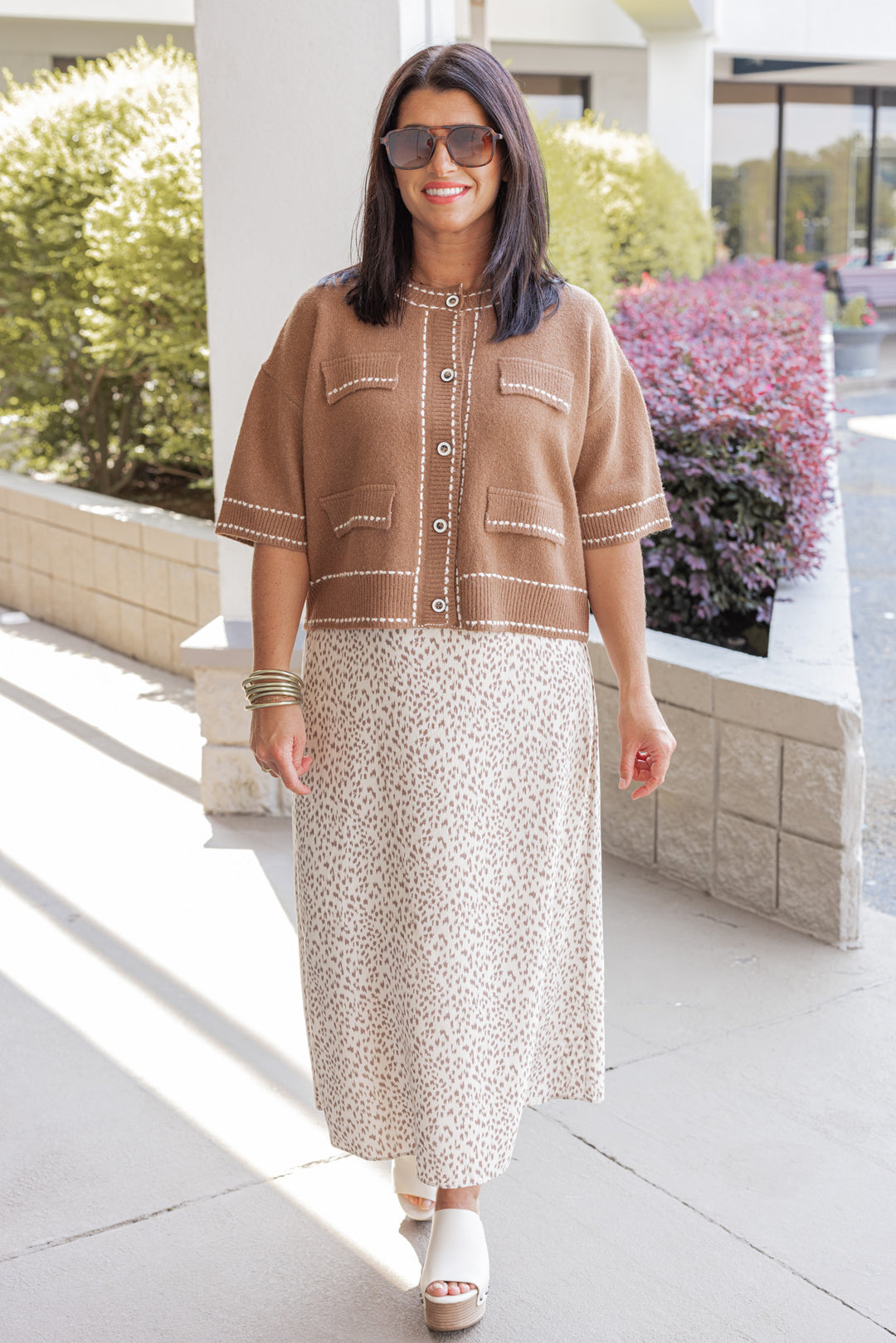 Women's trendy caramel button front sweater cardigan with cream stitching detail by Entro, perfect for fall