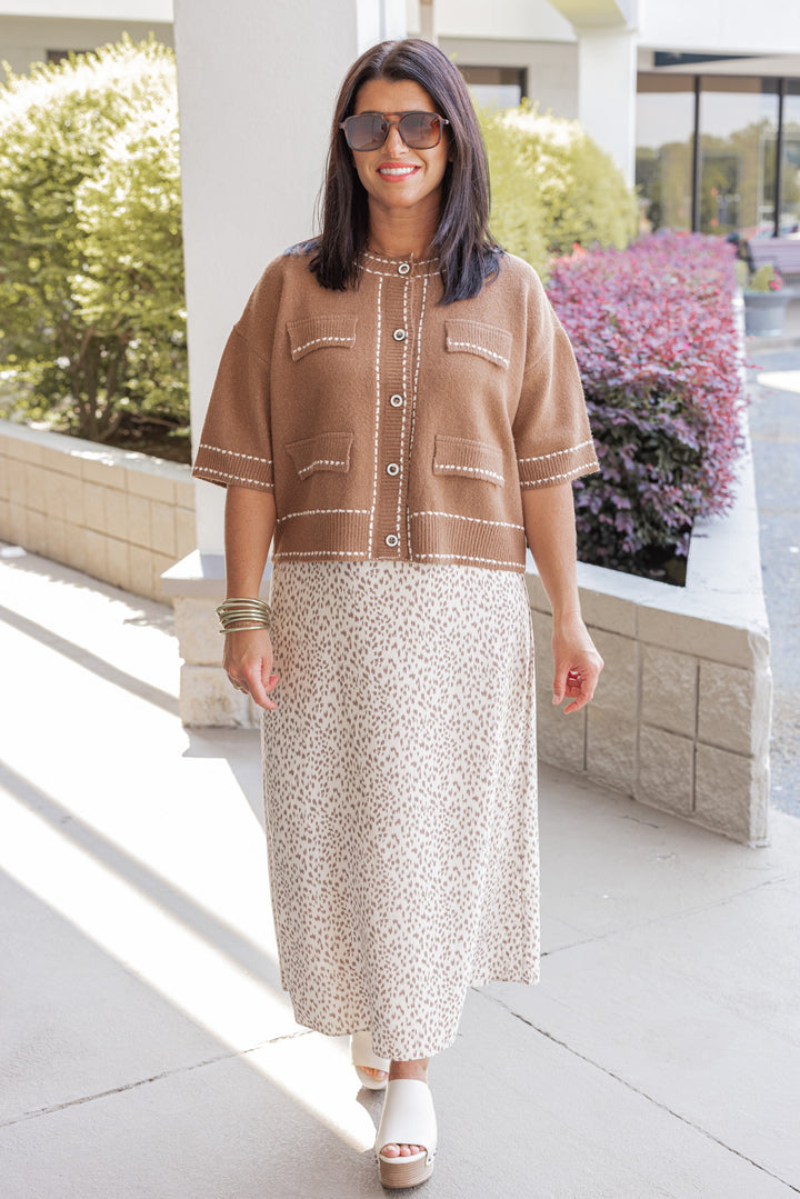 Women's trendy caramel button front sweater cardigan with cream stitching detail by Entro, perfect for fall