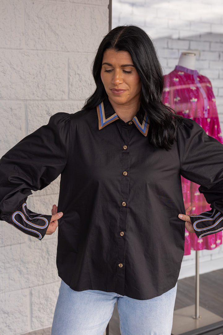Women's black button down top with brown, tan and blue embroidered details by Jodifl showing true to size fit