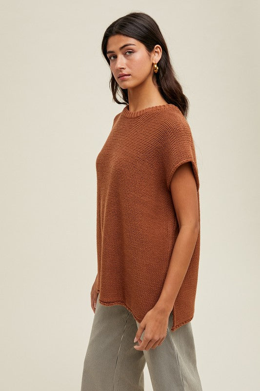 Women's rust short sleeve sweater knit top by Wishlist showing side view