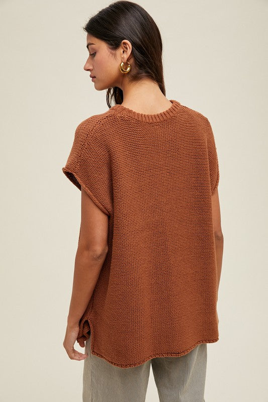 Women's dark short sleeve sweater knit top by Wishlist showing back view