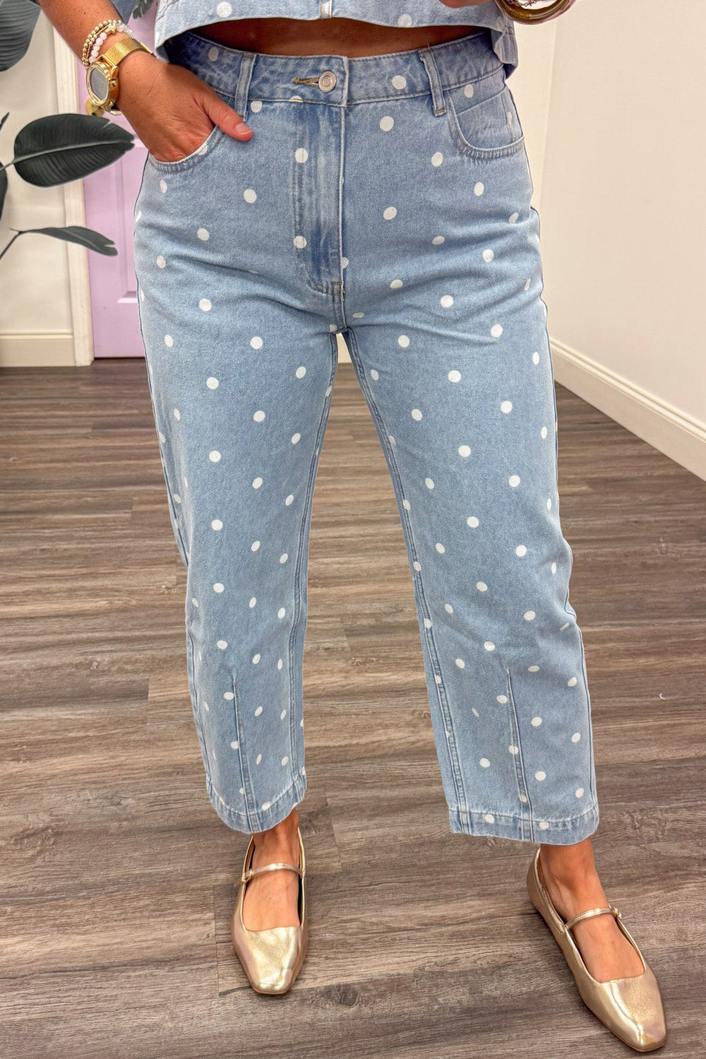 washed blue denim with white polka dot print button zipper fly cropped leg pant