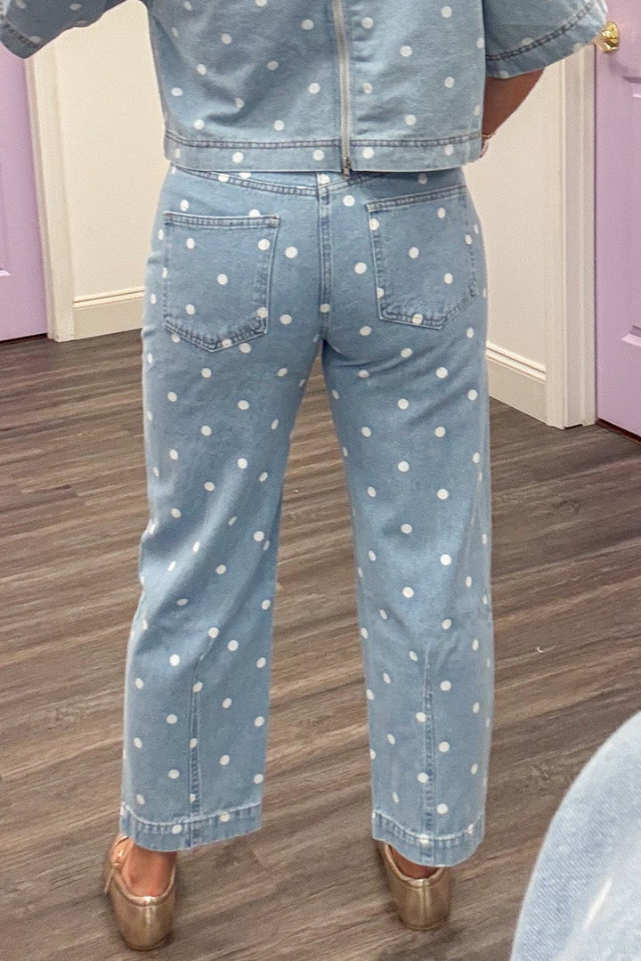 washed denim with white polka dot print cropped leg tapered ankle pant