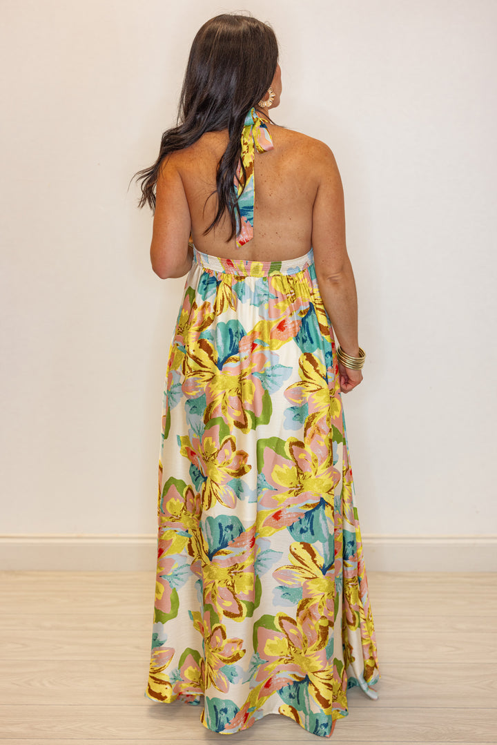 gold blue satin tropical printed maxi dress