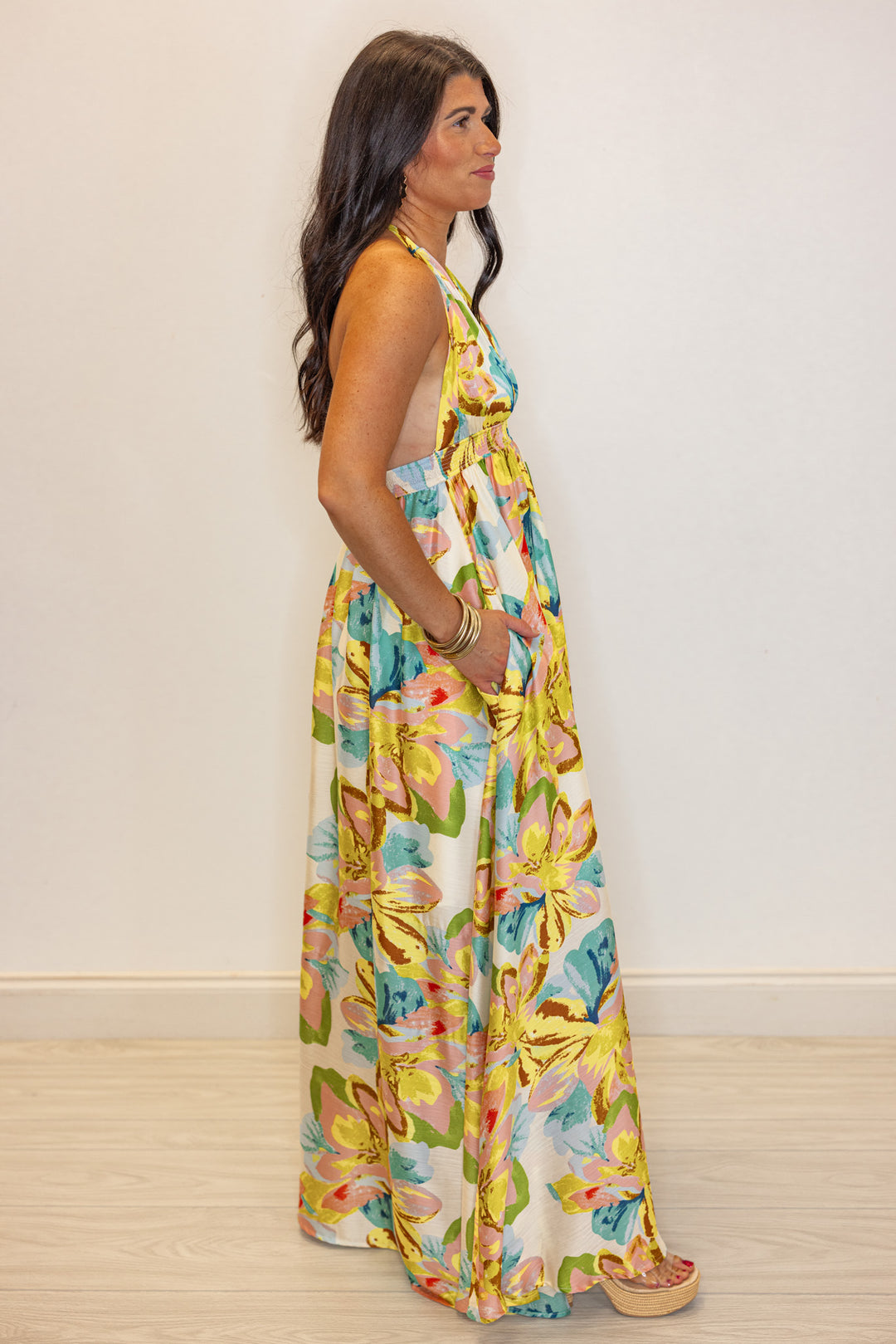 gold blue satin tropical printed maxi dress