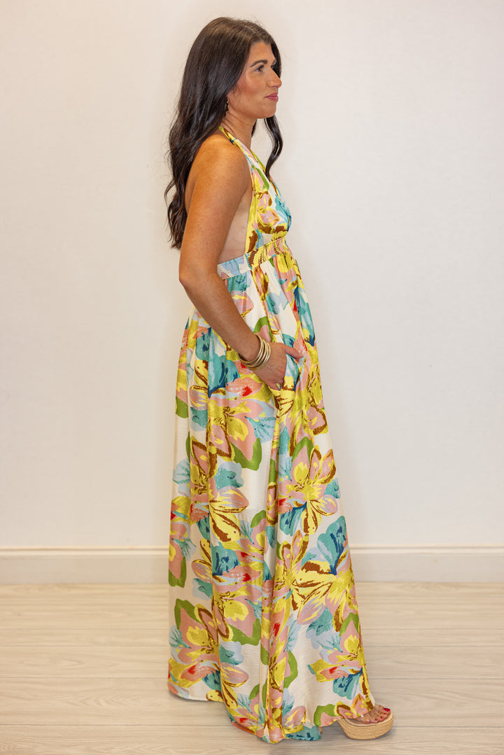 gold blue satin tropical printed maxi dress