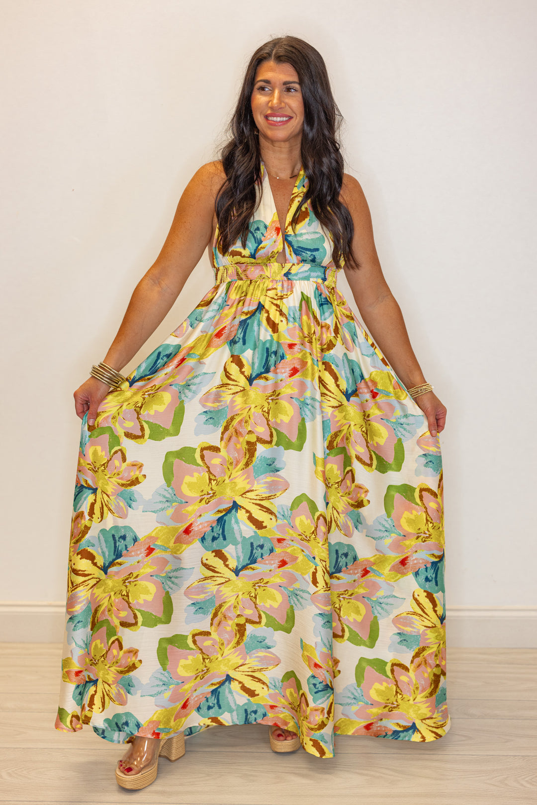 gold blue satin tropical printed maxi dress