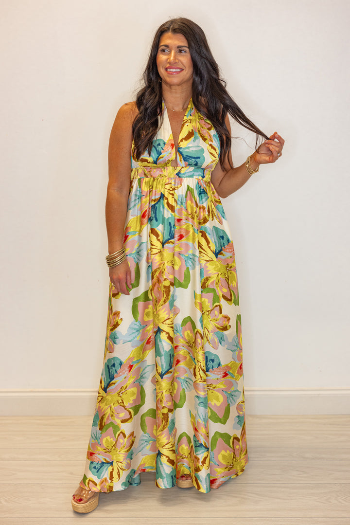 gold blue satin tropical printed maxi dress