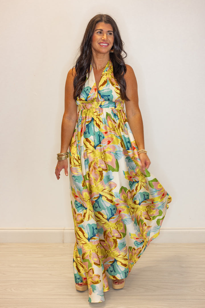 gold blue satin tropical printed maxi dress
