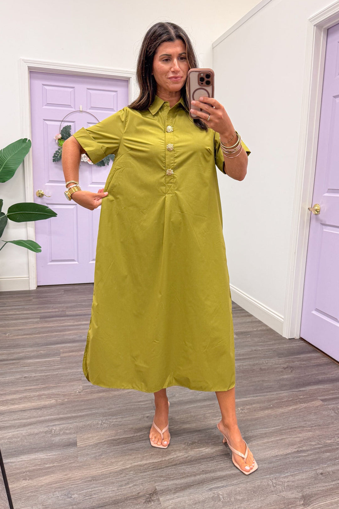 chartreuse green cotton midi dress with gold embellished buttons and collar neckline