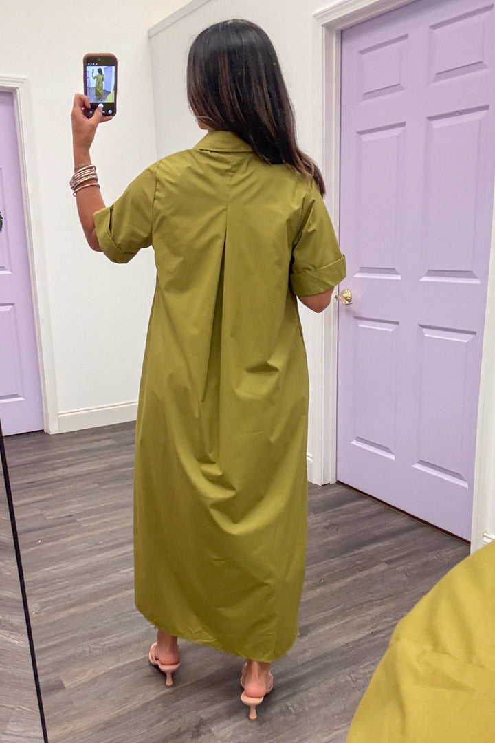 chartreuse cotton midi dress with gold embellished buttons and collar neckline back view