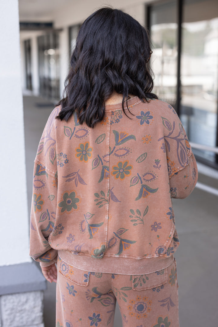 Women's mineral washed mocha mousse floral print french terry knit pullover top by Easel showing up close back view