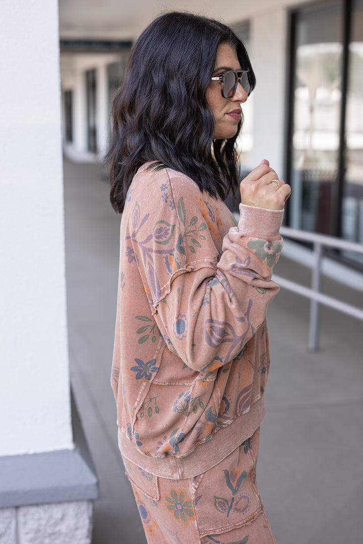 Women's mineral washed mocha mousse floral print french terry knit pullover top by Easel showing up close side view