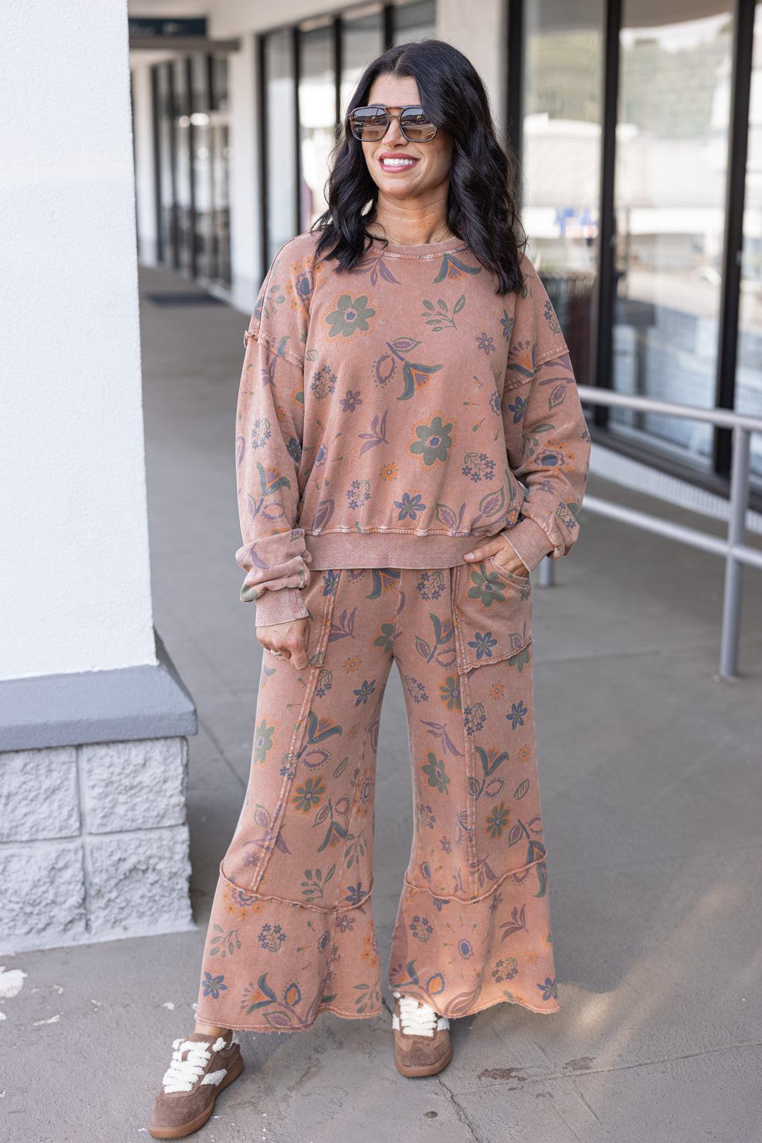 Women's mineral washed mocha mousse floral print french terry knit pullover top by Easel showing full front view