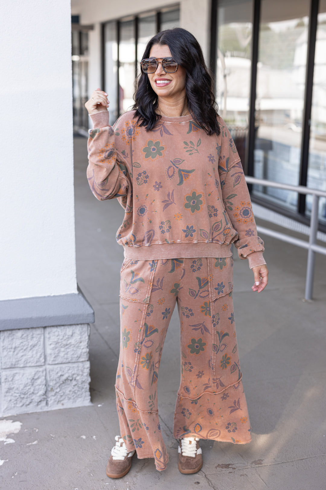 Women's trendy mineral washed mocha mousse floral print french terry knit pants by Easel