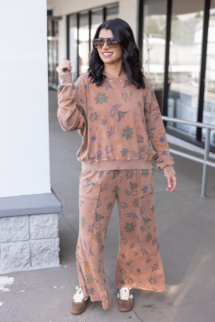 Women's trendy mineral washed mocha mousse floral print french terry knit pants by Easel