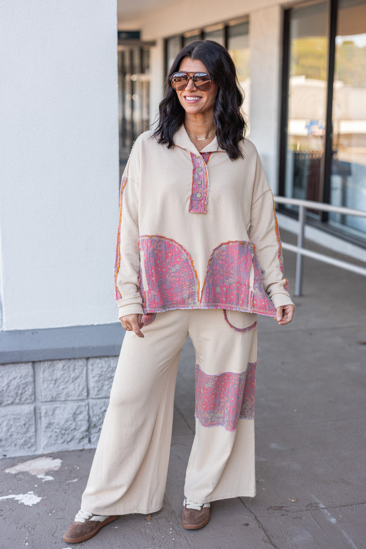 Women's french terry knit oatmeal pants with frayed floral patch gauze details by Easel shown with matching pullover