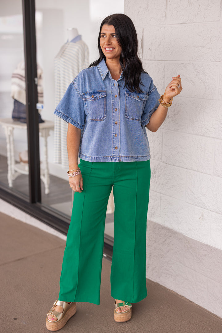 chambray lightweight denim button up short sleeve top