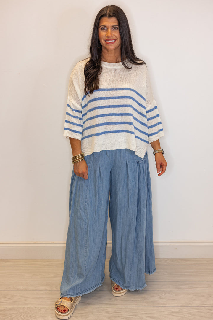 ivory blue stripe knit beachy summer top