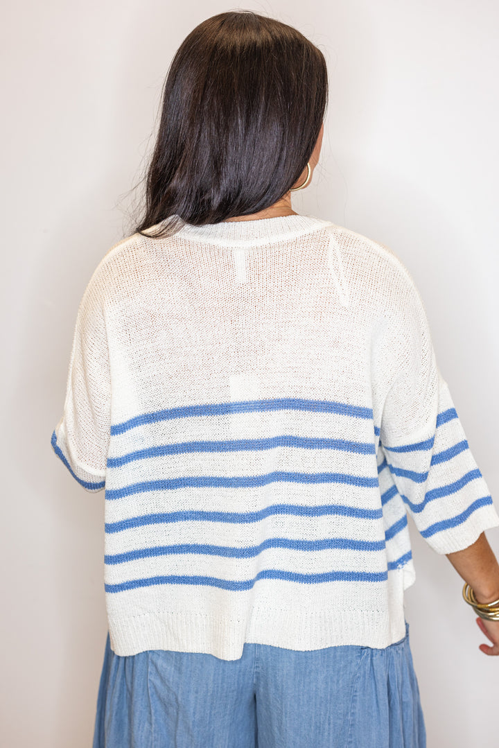 ivory blue stripe knit beachy summer top