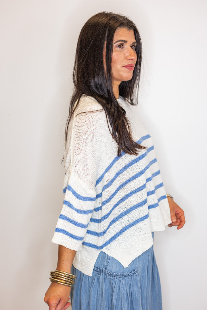 ivory blue stripe knit beachy summer top