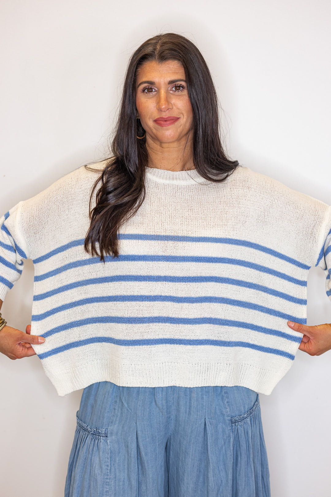 ivory blue stripe knit beachy summer top