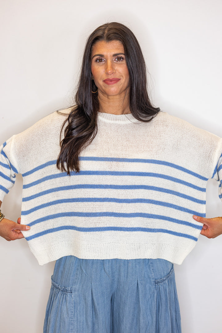 ivory blue stripe knit beachy summer top