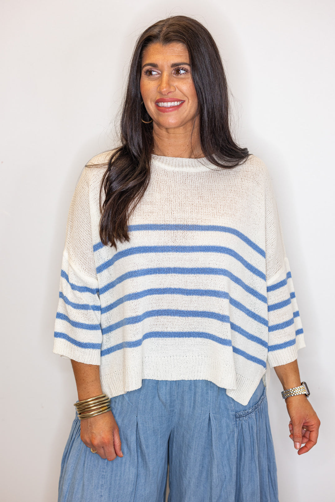 ivory blue stripe knit beachy summer top