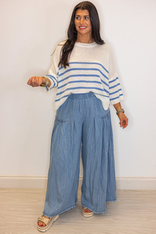 ivory blue stripe knit beachy summer top