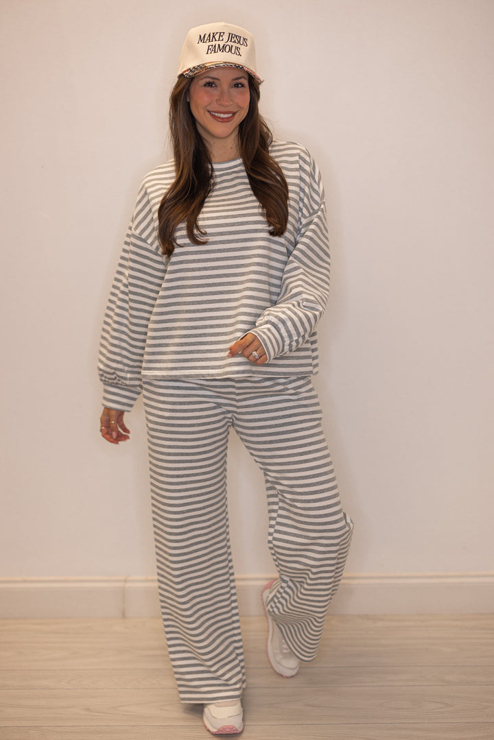Women's grey striped lounge top shown with matching pants