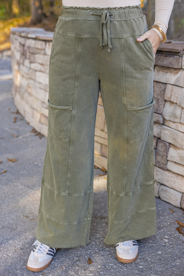Women's French terry knit wide leg pants olive by Easel showing up close front view