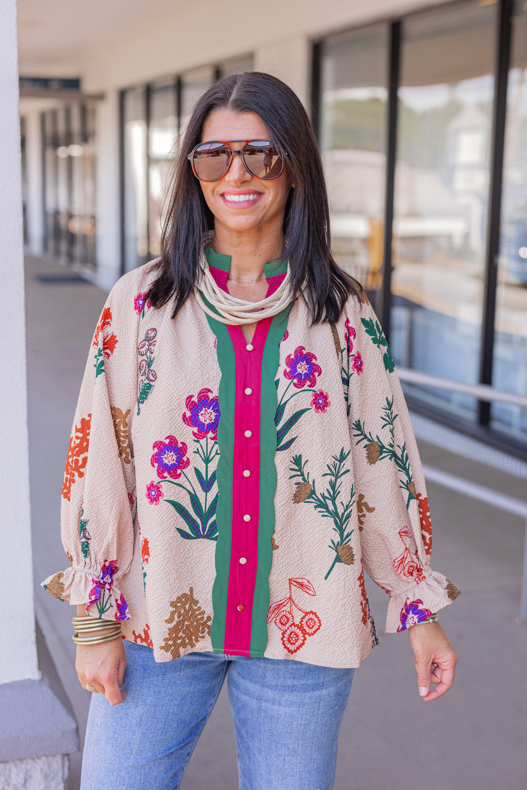 Women's tan textured floral print top with button details by Umgee