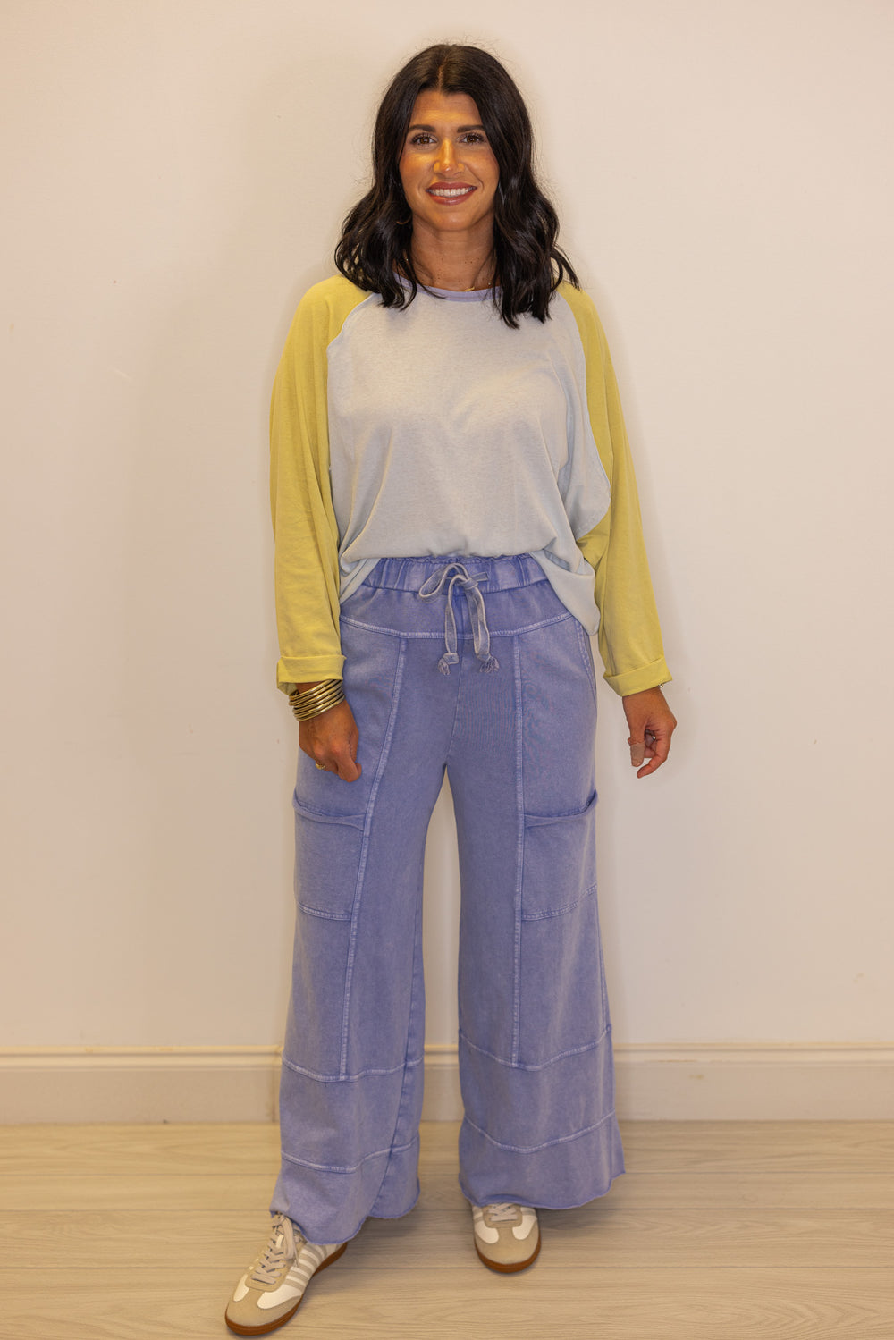 Women's light blue and dijon yellow colorblock knit top by Easel showing full front view