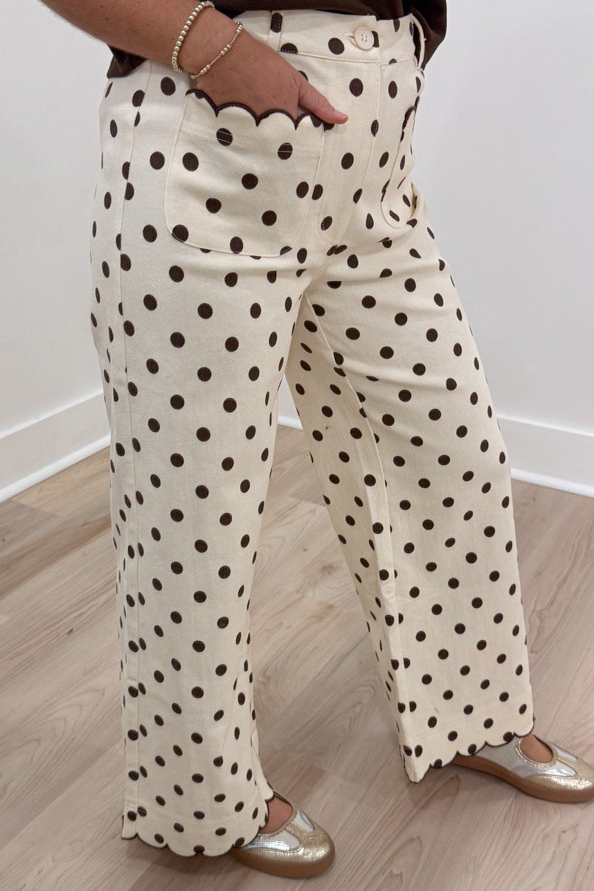 ecru with brown polka dot print high waisted wide leg twill denim pants with front patch pockets