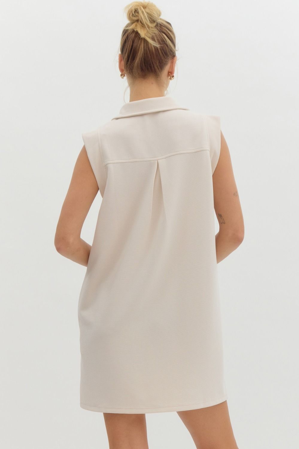 Entro Ecru sleeveless textured tunic dress with collar