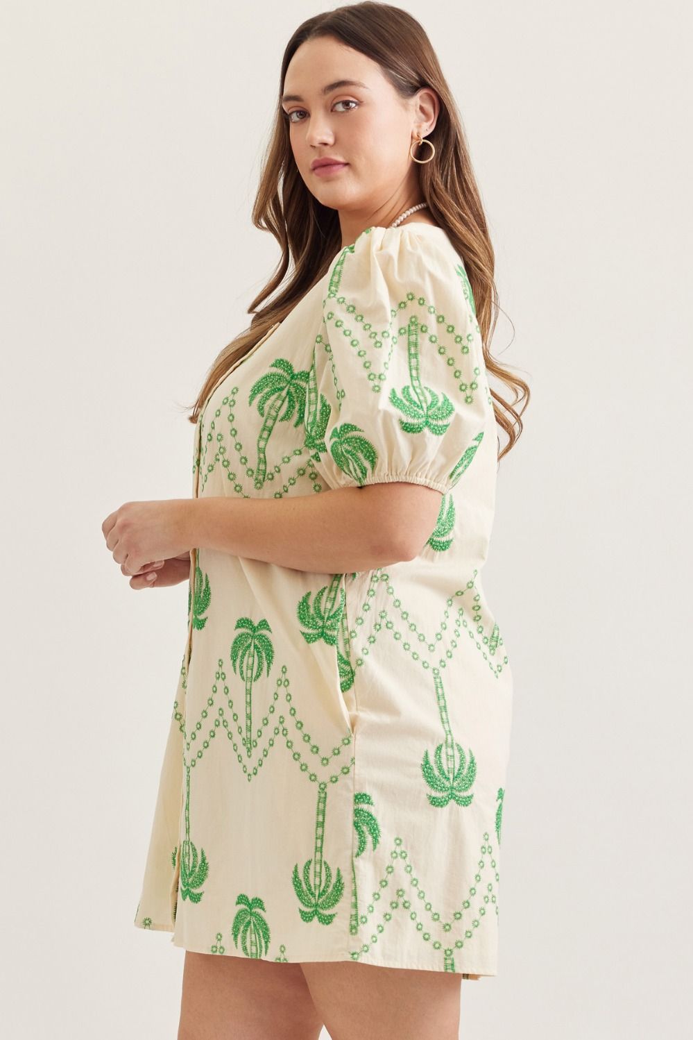 Entro plus size ecru button front dress with green embroidery palm trees with side pockets